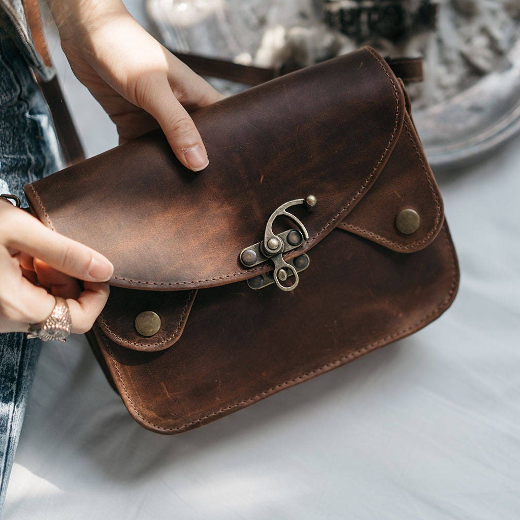 Women's Full Grain Leather Crossbody Sling Bag – Three-Flap Adjustable Strap