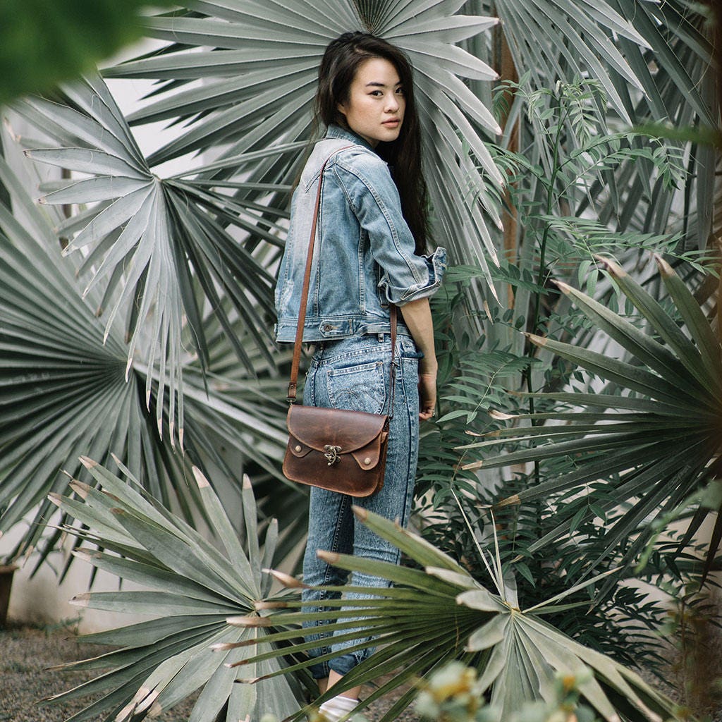 Women's Full Grain Leather Crossbody Sling Bag – Three-Flap Adjustable Strap