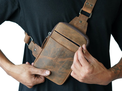 Brown Leather Crossbody Chest Bag – Travel Cross Body Sling