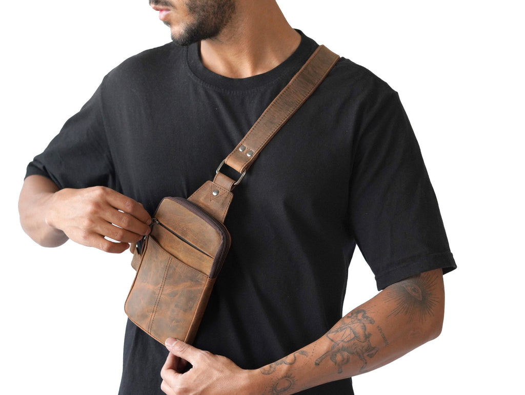 Brown Leather Crossbody Chest Bag – Travel Cross Body Sling