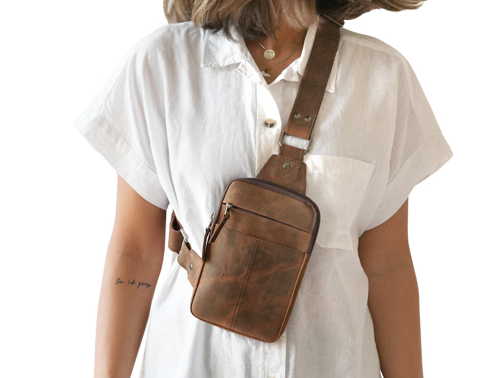 Brown Leather Crossbody Chest Bag – Travel Cross Body Sling